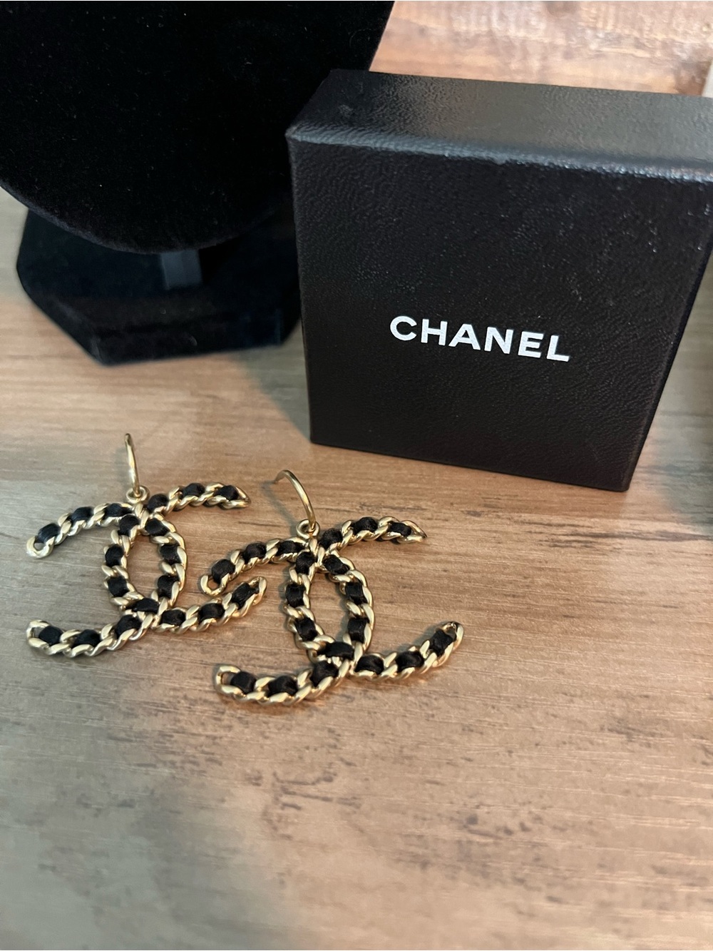 CHANEL Gold and Black Wrapped CC Drop Earrings